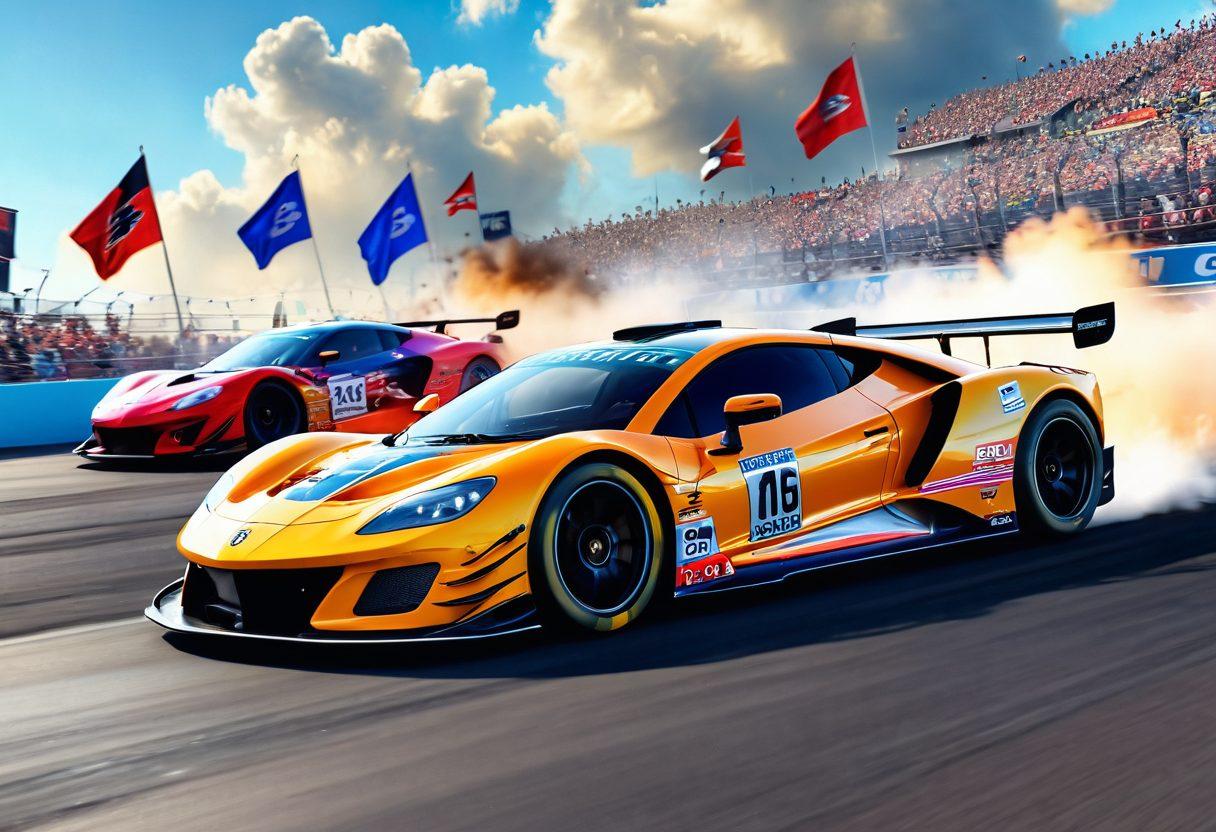 A dynamic scene showcasing a thrilling automotive racing event with speeding race cars blurring past cheering fans, colorful flags waving, and vibrant smoke trails. Include a grandstand filled with excited spectators capturing the action on their phones, and banners celebrating automotive culture. The atmosphere should be electrifying with sun rays cutting through the clouds and reflections on the shiny car surfaces. super-realistic. vibrant colors. action-packed.