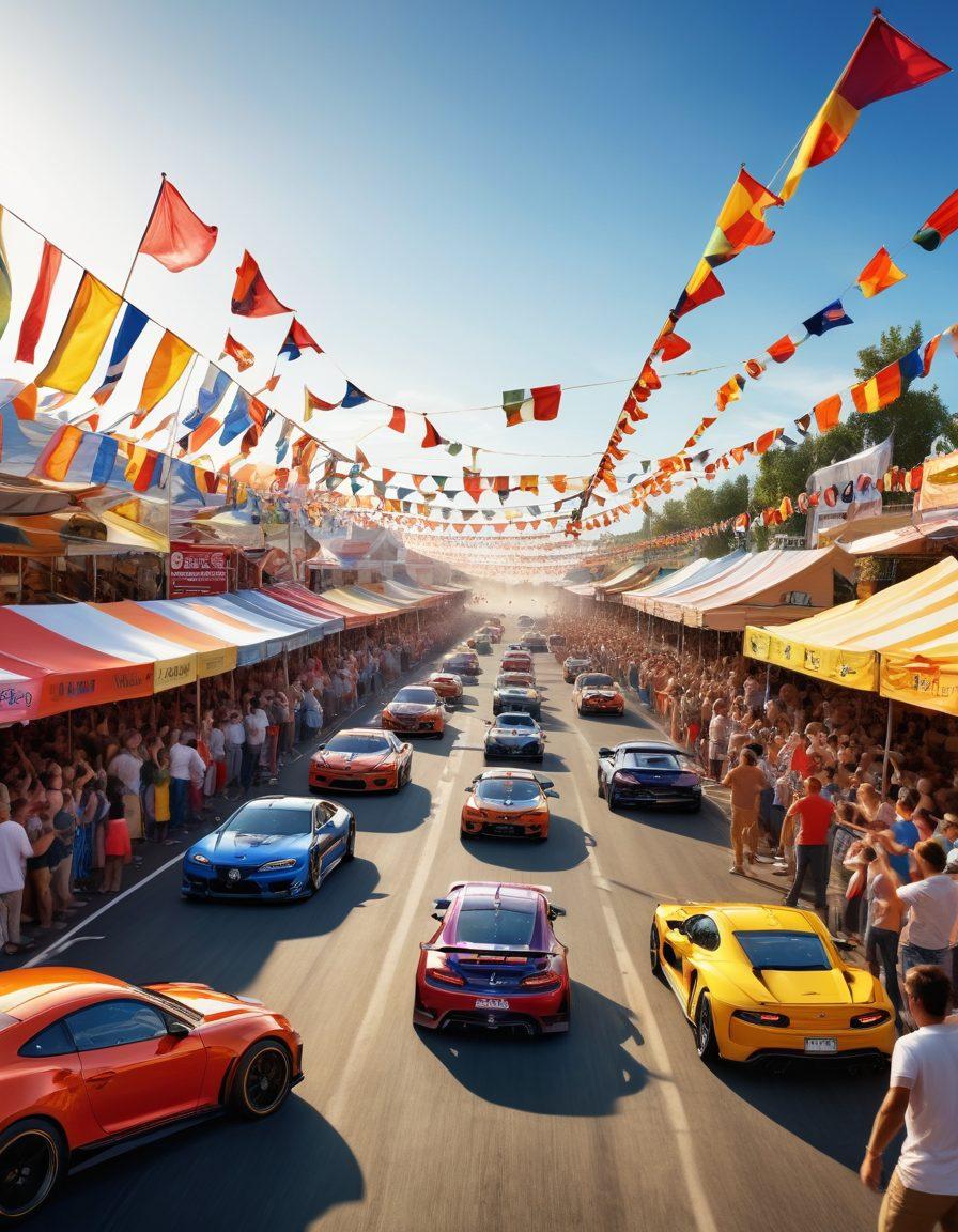 A vibrant scene capturing the thrill of motorsports with joyful fans cheering in a lively festival atmosphere. Showcase colorful flags waving, diverse attendees celebrating, and high-speed cars racing in the background, all under a bright sunny sky. Include elements of community such as families enjoying together and food stalls brimming with excitement. Add a sense of motion and energy to the image. super-realistic. vibrant colors. dynamic composition.
