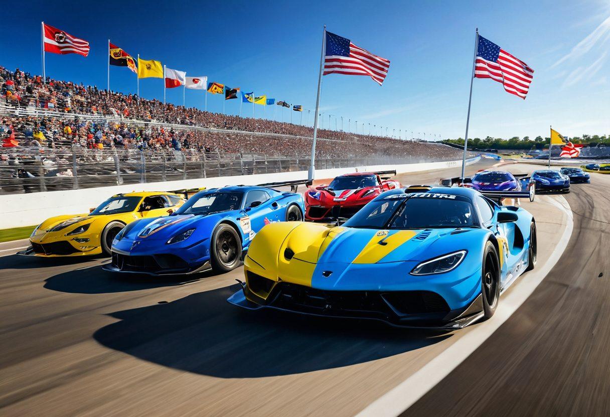 A dynamic scene capturing a thrilling motorsport event at Mid-America Racing Complex, with colorful race cars speeding around a curvy track. The backdrop features cheering fans and vibrant flags waving in excitement. Include a clear blue sky and a sun that radiates joy, symbolizing happiness. Incorporate elements of motion, like dust and tire marks, to convey speed and adrenaline. super-realistic. vibrant colors. energetic atmosphere.